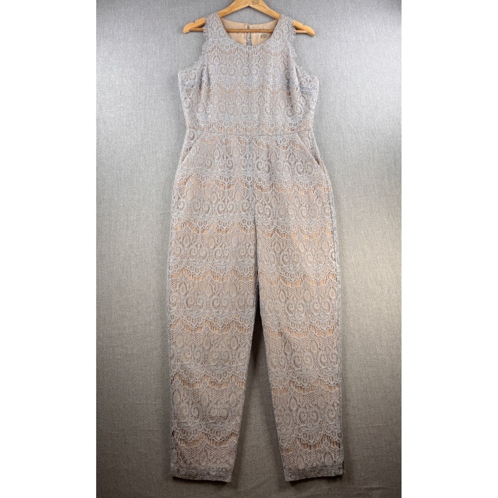 LC Lauren Conrad Jumpsuit Womens 12 Gray Dawn Lace‎ Cropped Open Back Pockets